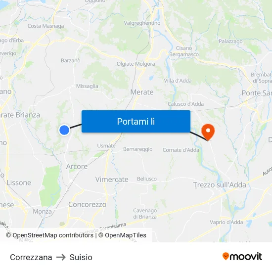 Correzzana to Suisio map