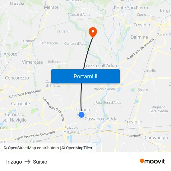 Inzago to Suisio map