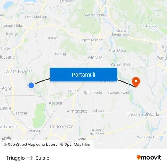 Triuggio to Suisio map
