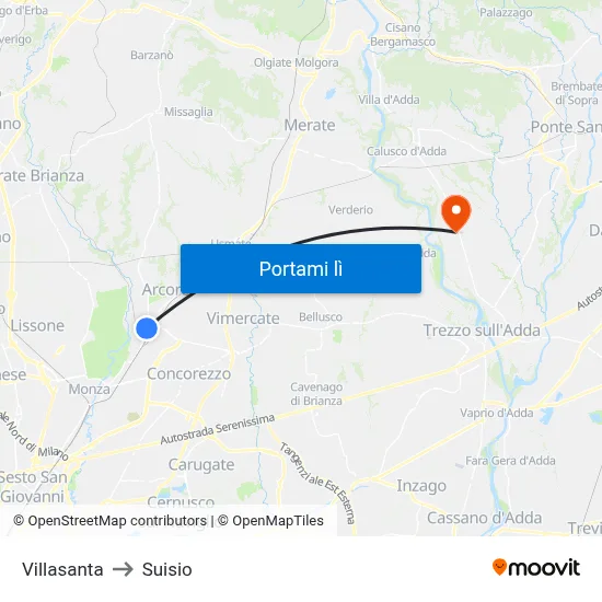 Villasanta to Suisio map