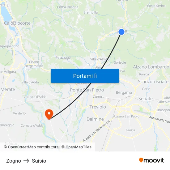 Zogno to Suisio map