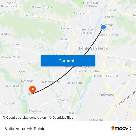 Valbrembo to Suisio map
