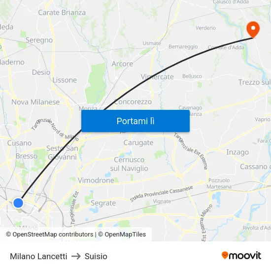 Milano Lancetti to Suisio map
