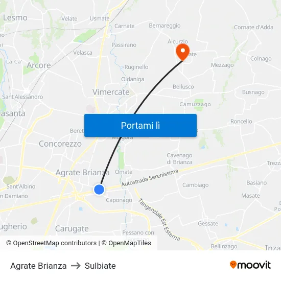 Agrate Brianza to Sulbiate map