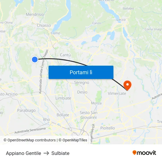 Appiano Gentile to Sulbiate map