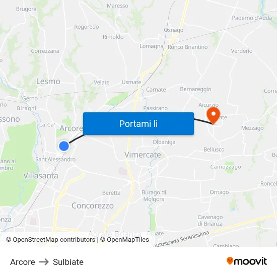 Arcore to Sulbiate map