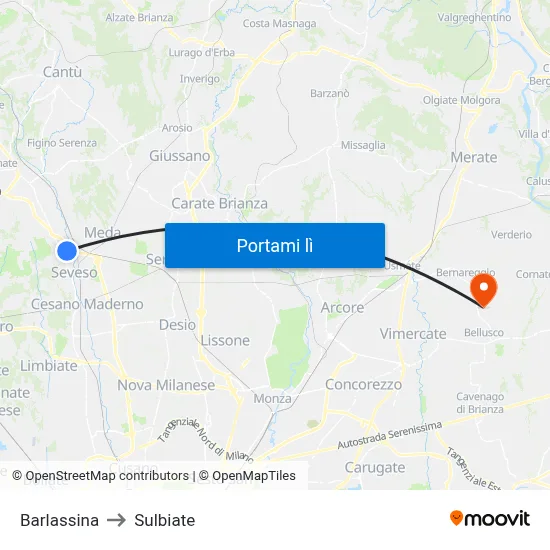 Barlassina to Sulbiate map