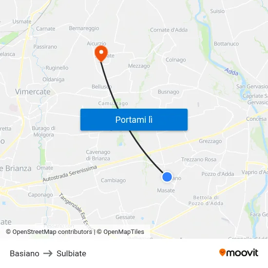 Basiano to Sulbiate map