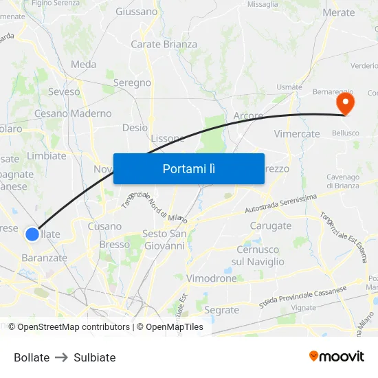 Bollate to Sulbiate map