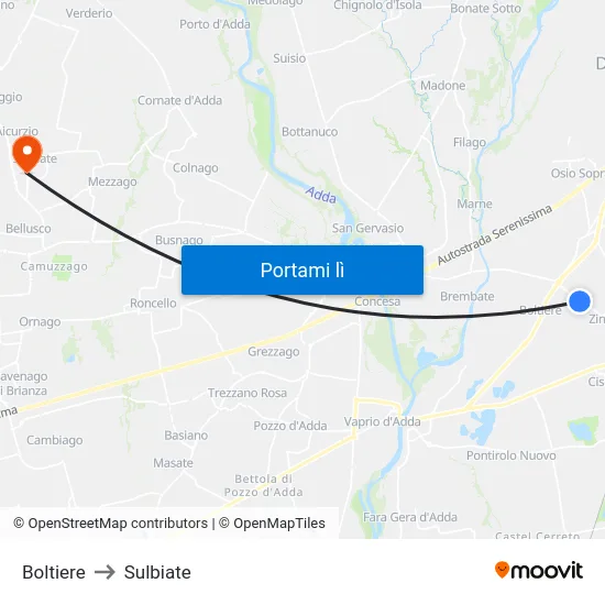 Boltiere to Sulbiate map