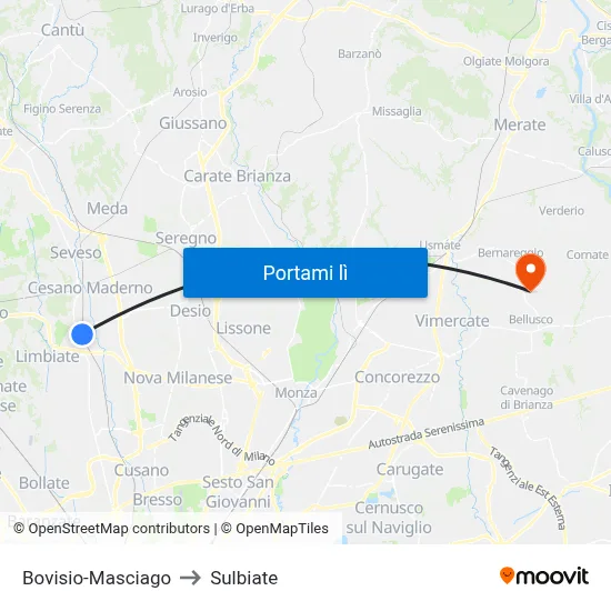 Bovisio-Masciago to Sulbiate map
