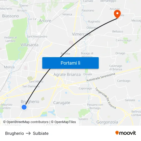 Brugherio to Sulbiate map