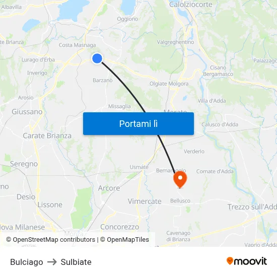 Bulciago to Sulbiate map