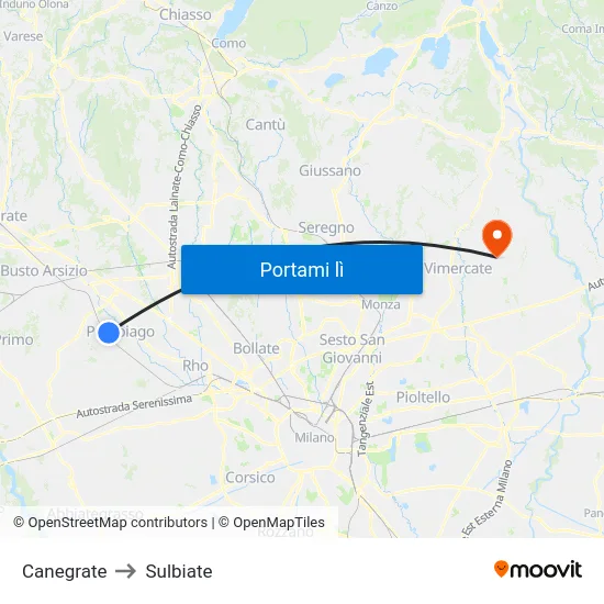 Canegrate to Sulbiate map