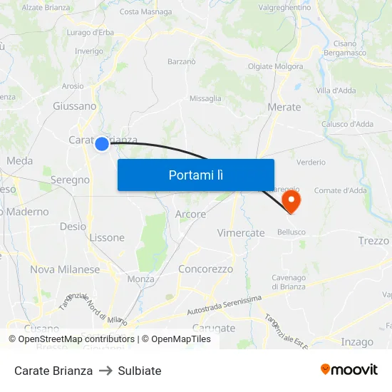 Carate Brianza to Sulbiate map