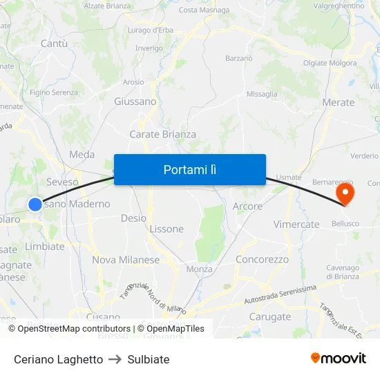 Ceriano Laghetto to Sulbiate map