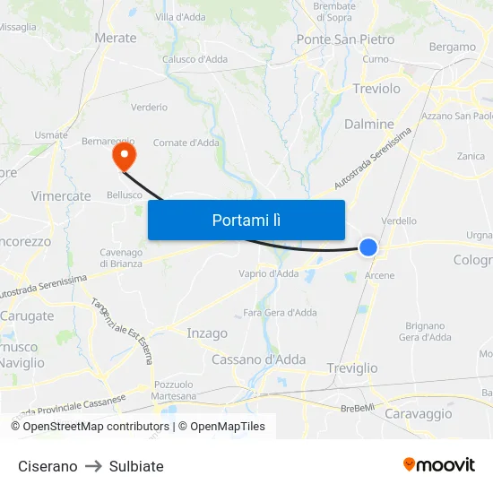 Ciserano to Sulbiate map