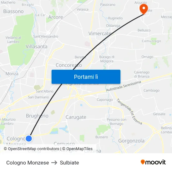 Cologno Monzese to Sulbiate map