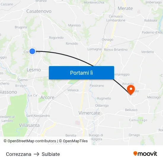 Correzzana to Sulbiate map