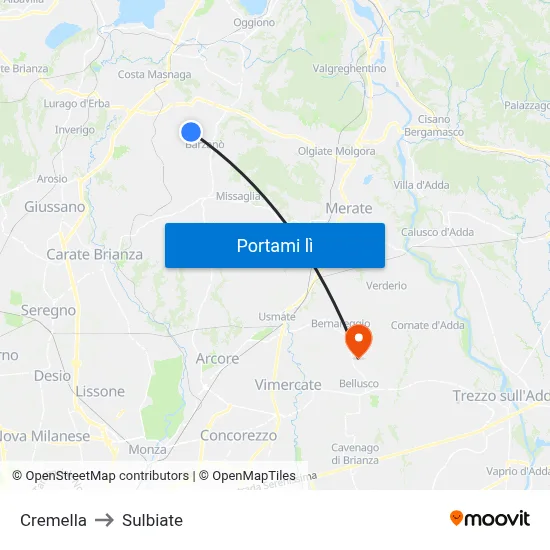 Cremella to Sulbiate map