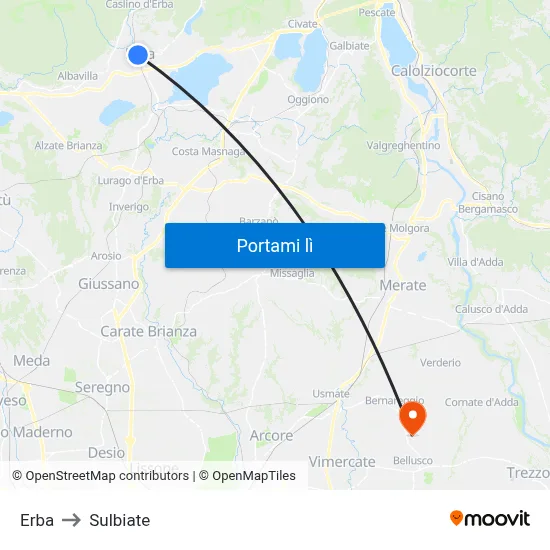 Erba to Sulbiate map