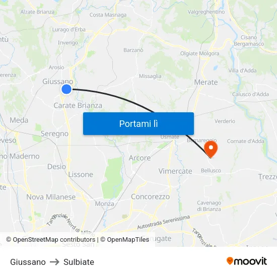 Giussano to Sulbiate map
