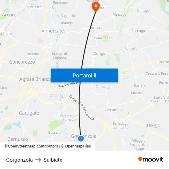 Gorgonzola to Sulbiate map