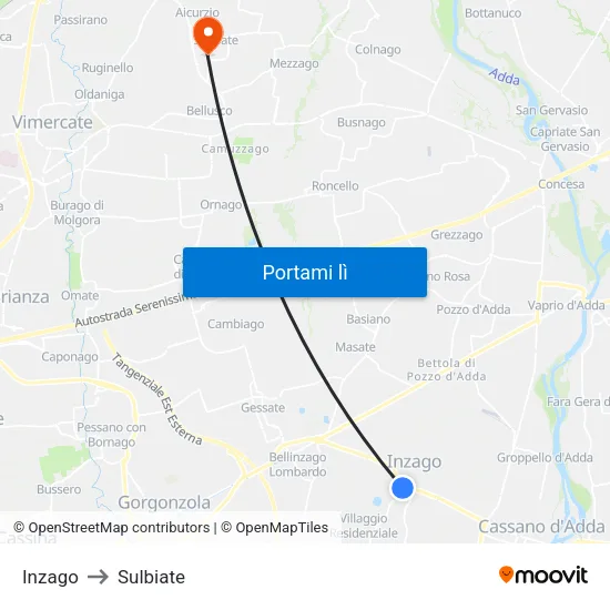 Inzago to Sulbiate map