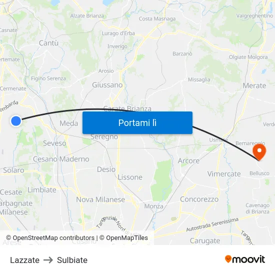 Lazzate to Sulbiate map