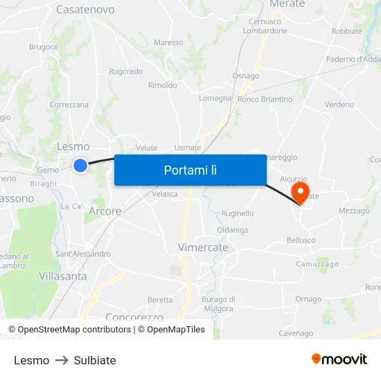 Lesmo to Sulbiate map
