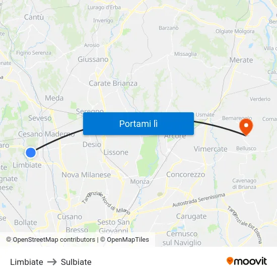 Limbiate to Sulbiate map