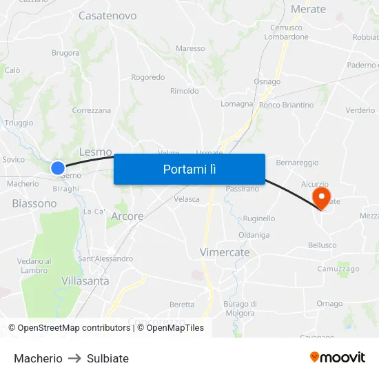 Macherio to Sulbiate map