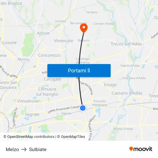 Melzo to Sulbiate map