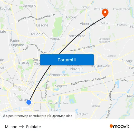 Milano to Sulbiate map