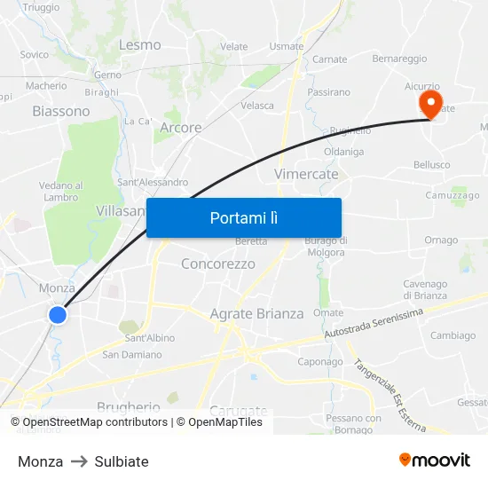 Monza to Sulbiate map