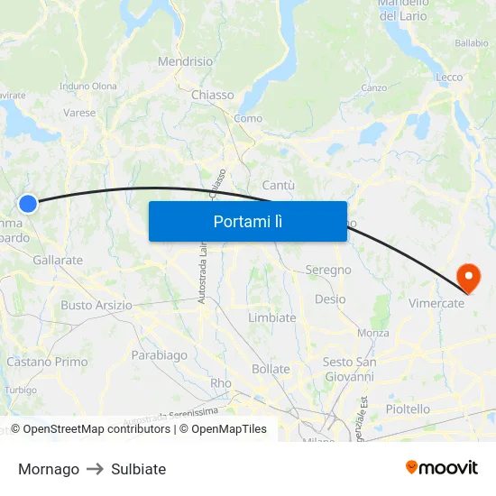 Mornago to Sulbiate map