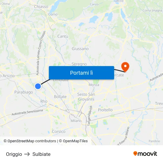 Origgio to Sulbiate map