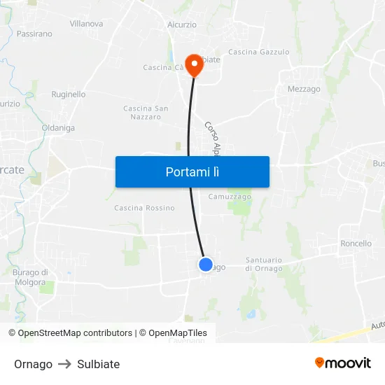 Ornago to Sulbiate map