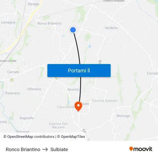 Ronco Briantino to Sulbiate map