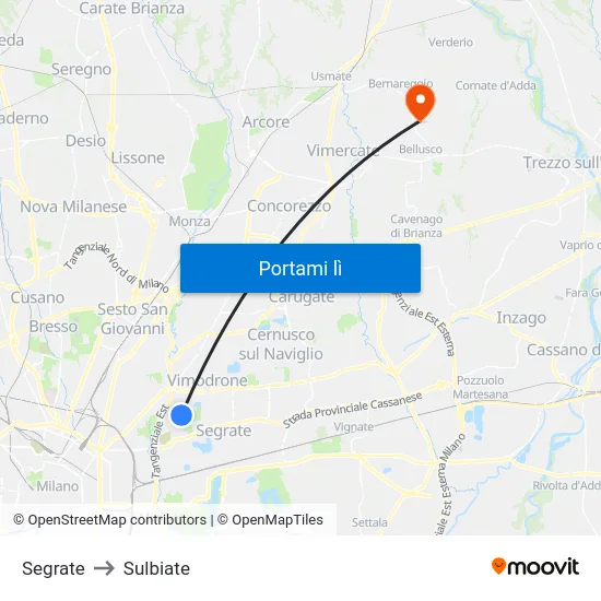 Segrate to Sulbiate map