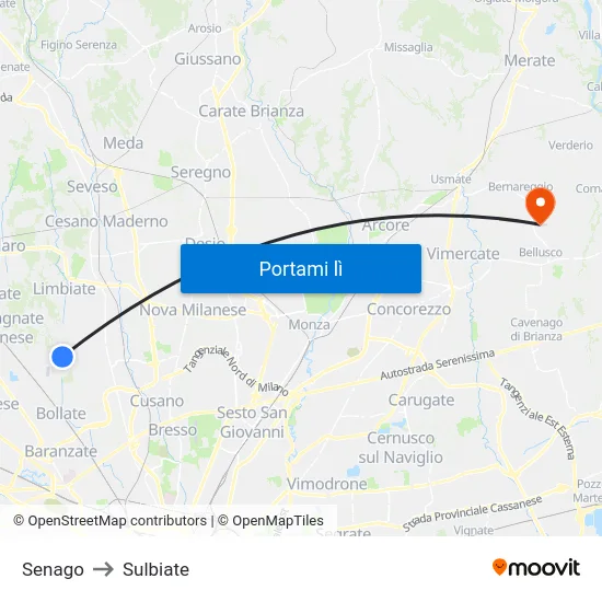Senago to Sulbiate map
