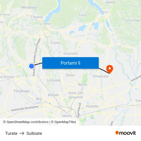 Turate to Sulbiate map
