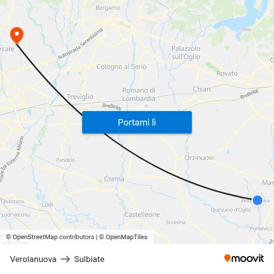 Verolanuova to Sulbiate map