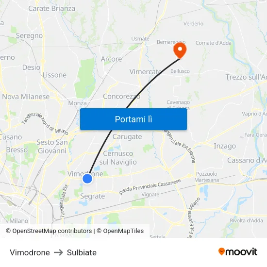 Vimodrone to Sulbiate map