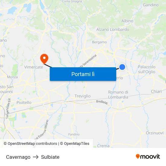Cavernago to Sulbiate map