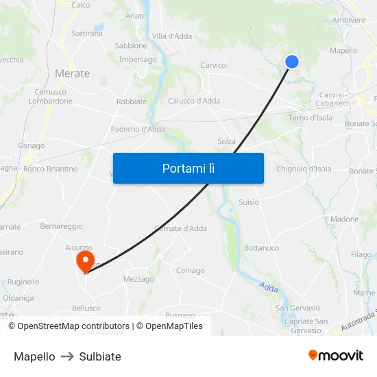 Mapello to Sulbiate map