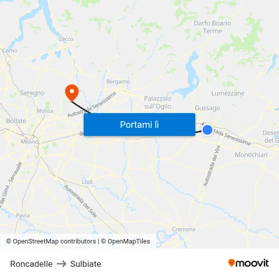 Roncadelle to Sulbiate map