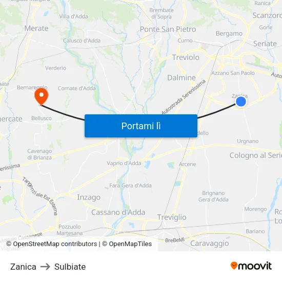 Zanica to Sulbiate map