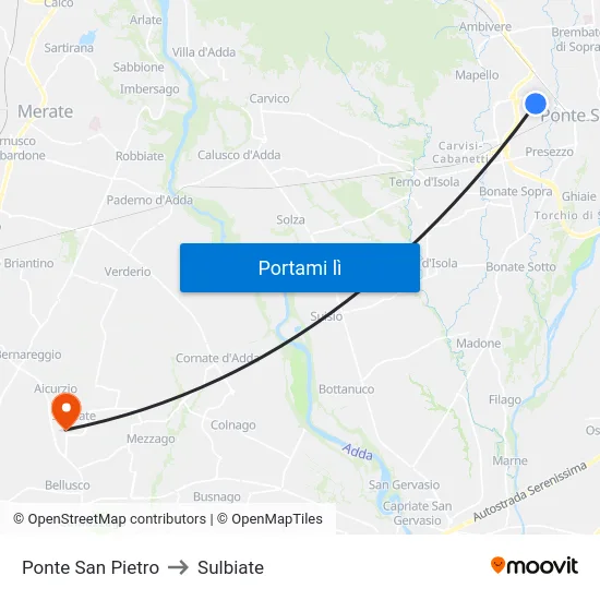 Ponte San Pietro to Sulbiate map