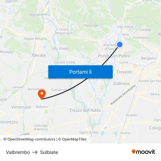 Valbrembo to Sulbiate map